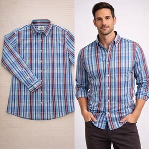 Mizzen+Main Mens Trim Fit Plaid Performance Dress Shirt Blue Maroon XXL 20056